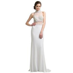 Ivory Halter Beaded Gown With Illusion Back & Crystal Embellishments‎ Size 8